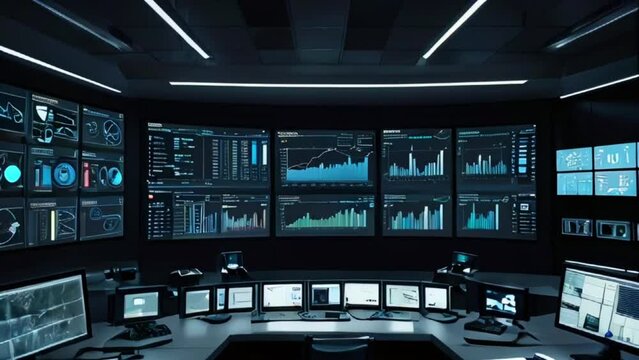 A dark room with many computer screens showing graphs and data.