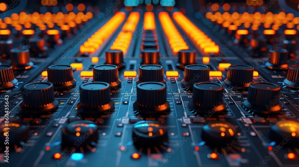Poster close-up of an audio mixing console with glowing orange lights and numerous knobs and sliders in a r