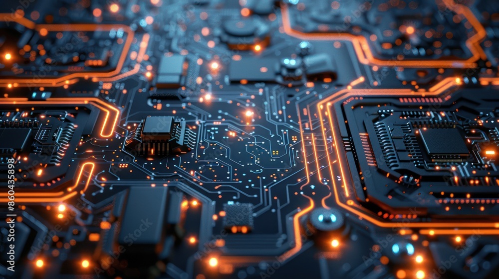Poster close-up view of a glowing microchip circuit board, showcasing intricate electronic pathways and tec
