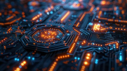 Close-up of a glowing circuit board with blue and orange lights, depicting modern technology and intricate electronic design.