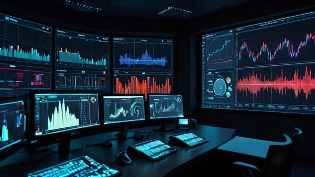 A dark room with multiple computer monitors displaying graphs and data in blue and red colors.