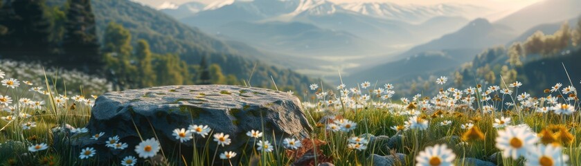 A scenic mountain landscape with vibrant wildflowers and a majestic view of snow-capped peaks under a clear, sunny sky. - Powered by Adobe