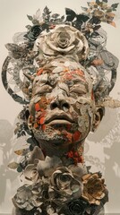 A woman's face is covered in flowers and leaves, giving it a surreal