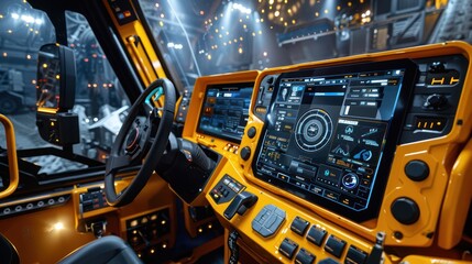 Futuristic vehicle interior with advanced dashboard technology, glowing controls, and digital displays in a modern industrial setting.
