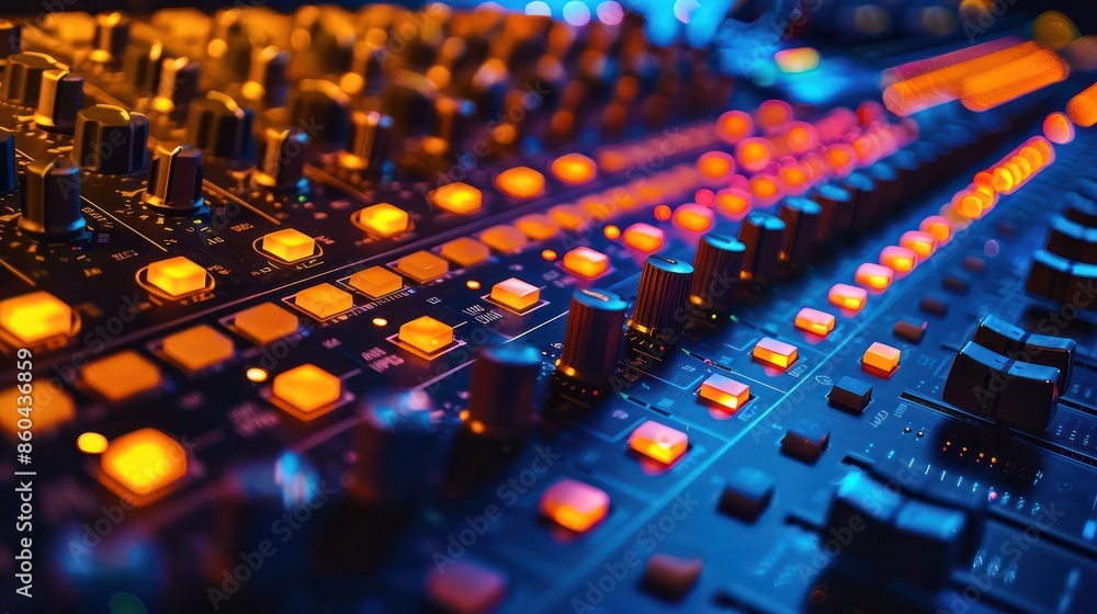 Poster close-up of a colorful sound mixing console with glowing buttons and dials in a recording studio set