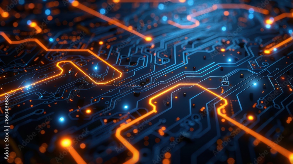 Poster high-tech close-up image of an electronic circuit board with glowing lines highlighting the intricat