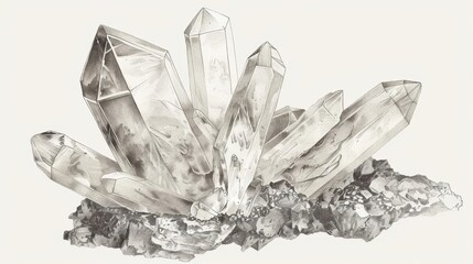 quartz mineral specimen on white background vintagestyle scientific illustration