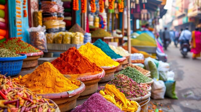 A colorful display of spices is on a street generated by AI