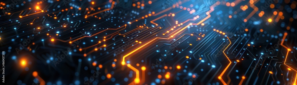 Poster high-tech abstract circuit board with glowing lines and digital nodes, representing futuristic techn