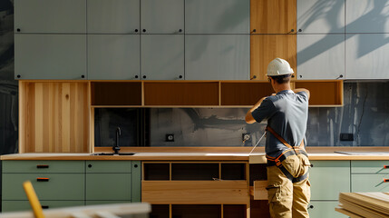 Carpenter working on a new kitchen in his appartment.