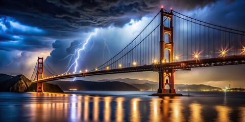 Dramatic image of a bridge during a thunderstorm in San Francisco at night, bridge, storm, thunderstorm