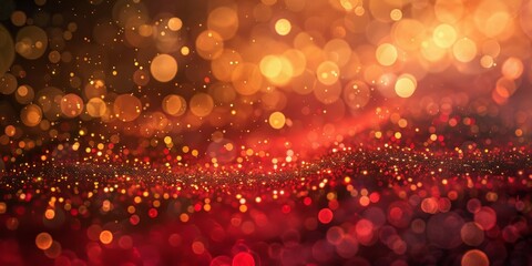 Abstract red and gold bokeh background with light spots.
