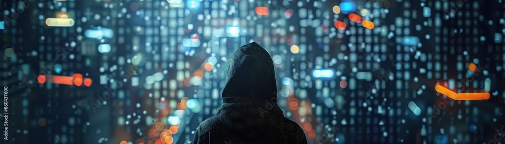 Poster silhouette of a person in a hoodie facing a digital screen with a complex network of data, symbolizi