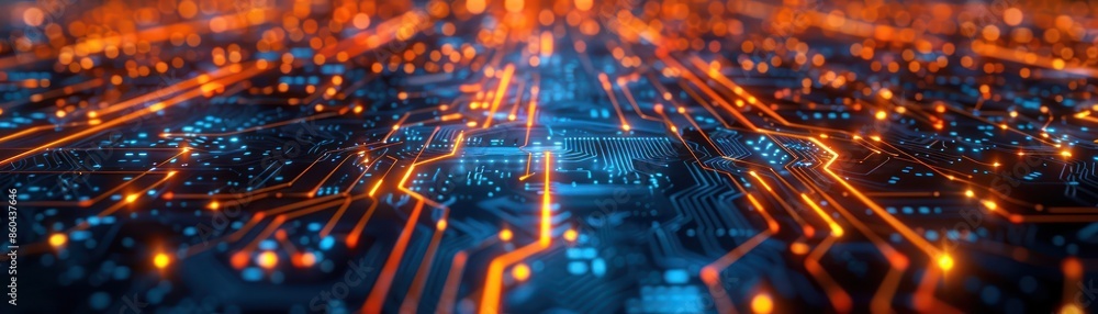 Poster futuristic circuit board with glowing orange lights representing advanced technology and innovation 