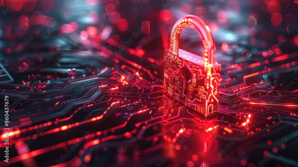 Poster digital padlock glowing in a red circuit board background symbolizing cybersecurity, data protection