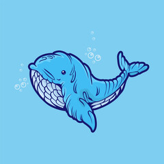 illustration of whale swimming in the ocean with water bubbles