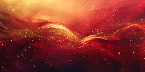 Abstract red and gold bokeh background with light spots.