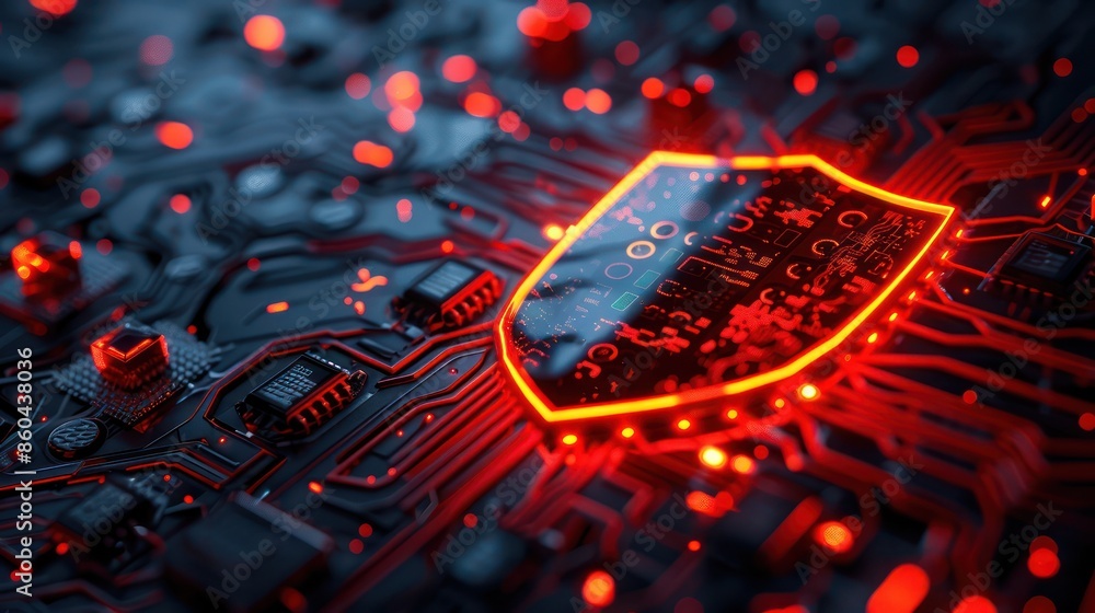 Poster glowing shield icon on a circuit board representing cybersecurity, data protection, and technology. 