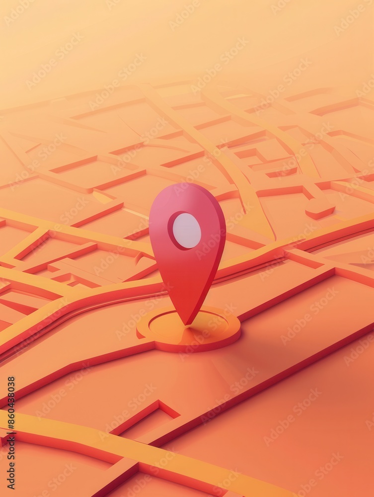 Poster a 3d rendered image of a red location pin on an orange map with a clean and minimalist design. gener