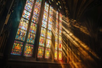 The stained glass window is illuminated by the sun