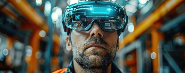 Focused worker in smart glasses experiencing augmented reality in an industrial warehouse, marked by cutting-edge technology and innovation.
