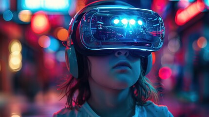 Naklejka premium Child wearing virtual reality headset, exploring imaginative digital world with futuristic neon lights, symbolizing technology and innovation.