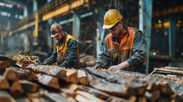 Industrial workers wearing safety helmets, inspecting wooden logs in a factory setting with machinery and equipment in the background.