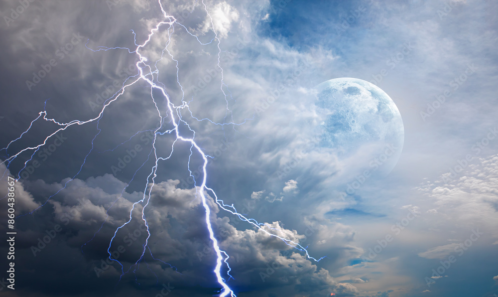 Wall mural lightning strikes between stormy clouds with full moon 