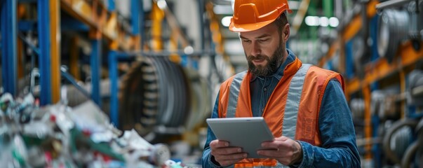 Warehouse worker in an orange hard hat and safety vest uses a tablet for inventory management in an industrial setting.