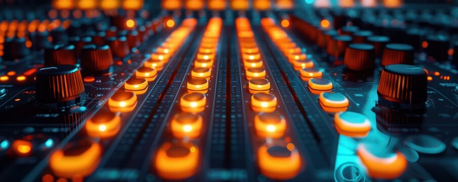 Close-up of a professional audio mixing console with illuminated faders and knobs in a recording studio, showcasing sound engineering equipment.