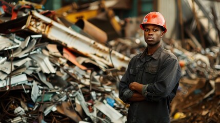 recycling center worker posing with scrap pile environmental portrait photography