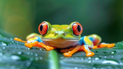 Naklejka premium A vibrant green and red eyed tree frog sits on a leaf in the rainforest.