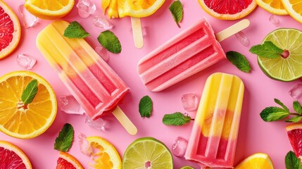 refreshing fruit popsicles with citrus slices and mint leaves on pastel background summer treat food photography