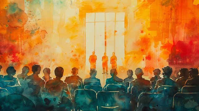 The watercolor painting shows a group of people sitting in a theater watching three people on stage.