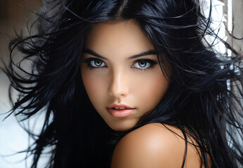 Fototapeta premium Woman with long black hair posing behind black reflective surface