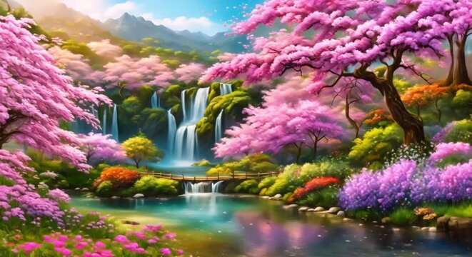 colorful oil painting of a beautiful paradise full of flowers sakura trees rivers and waterfalls