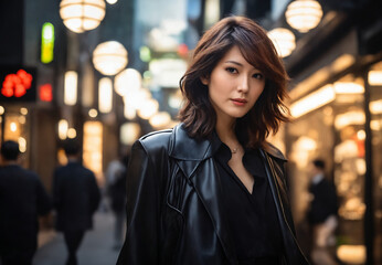 Obraz premium Woman with brown hair standing in a city street at night