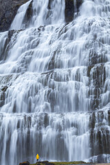 Fototapeta premium Wasserfall mit gelber Regenjacke