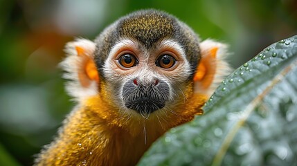 Fototapeta premium Squirrel monkey with big eyes looking curiously at the camera in the rainforest