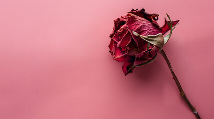 Dried withered red rose flower on pink paper background and copy space Top view of beautiful withered red rose for decoration photography of dry flowers in studio in color Peach Fuzz : Generative AI
