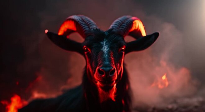 black big horned goat with flames background