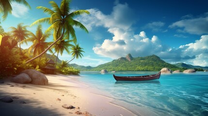 Naklejka premium A serene tropical beach scene featuring a calm sea, a wooden boat floating near the shore, palm trees, and lush green mountains in the background under a clear sky.