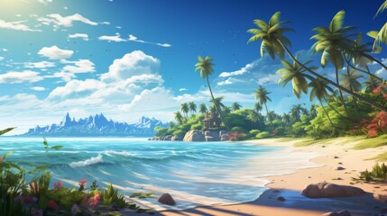 Obraz premium A picturesque tropical beach scene with a cozy house by the sea, surrounded by numerous tall palm trees, blue skies with white clouds, and a distant mountain range.
