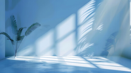 Abstract blue color gradient studio background for product presentation Empty room with shadows of window and flowers and palm leaves  3d room with copy space Summer concert Blurred ba : Generative AI