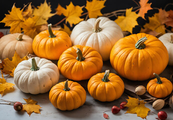 Colorful pumpkins surrounded by autumn leaves