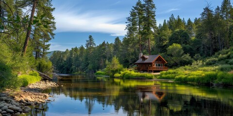 Fototapeta premium A small cabin is on the edge of a lake generated by AI