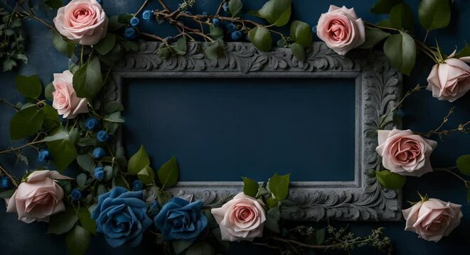 pink and blue roses frame on a grey background