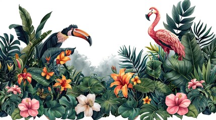 vibrant watercolor painting of a tropical rainforest with a toucan and flamingo surrounded by lush foliage and flowers