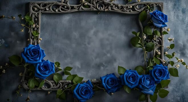 blue roses frame on a grey background
