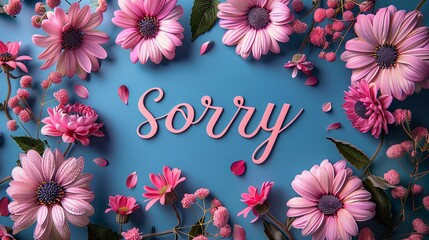delicate flowers and wooden frame with the word sorry